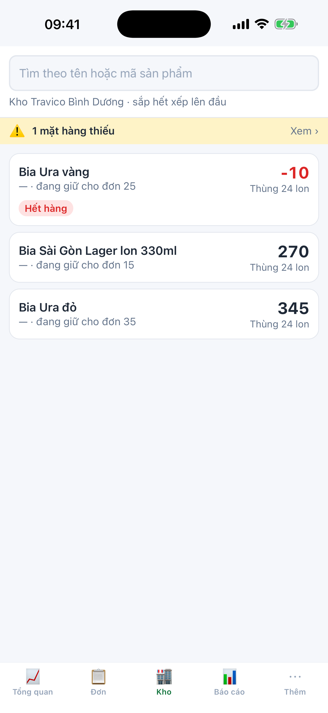 Tồn kho theo từng kho, mặt hàng sắp hết xếp lên đầu